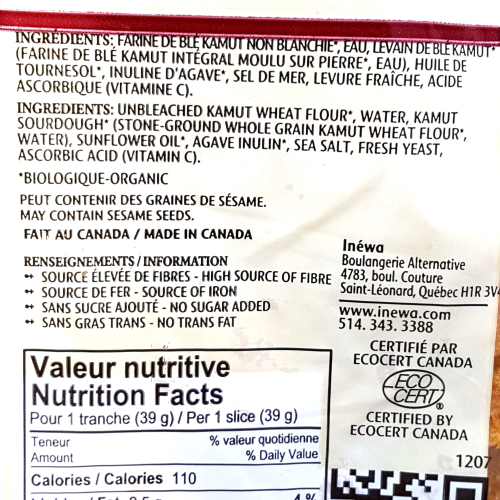 ORGANIC KAMUT PREBIOTIC BREAD