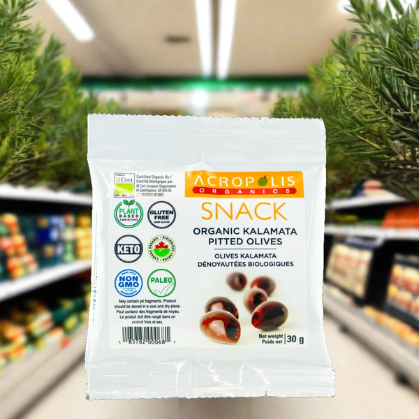 ORGANIC KALAMATA PITTED OLIVES SNACK PACK 30G